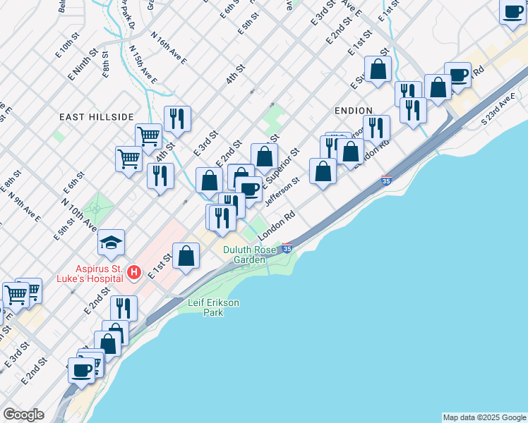 map of restaurants, bars, coffee shops, grocery stores, and more near 1330 East Superior Street in Duluth