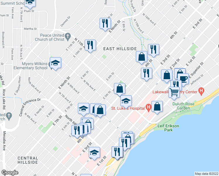 map of restaurants, bars, coffee shops, grocery stores, and more near 1003 East 5th Street in Duluth