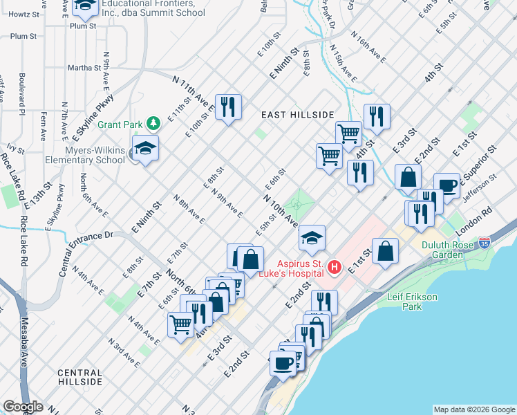 map of restaurants, bars, coffee shops, grocery stores, and more near 918 East 6th Street in Duluth