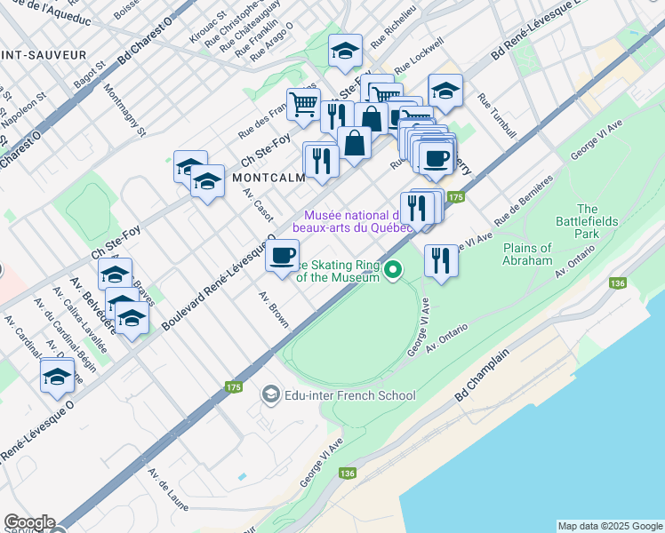 map of restaurants, bars, coffee shops, grocery stores, and more near 410 Rue Learmonth in Ville de Québec