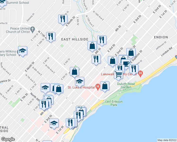 map of restaurants, bars, coffee shops, grocery stores, and more near 1109 East 3rd Street in Duluth