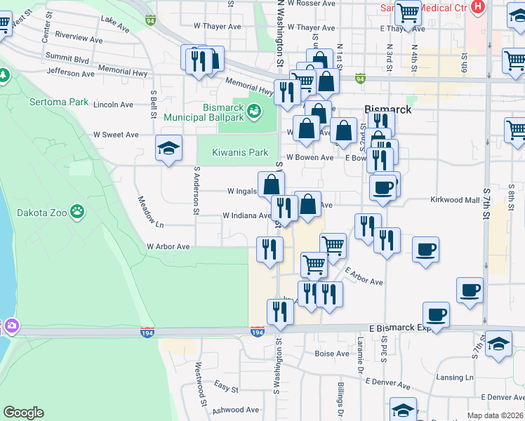 map of restaurants, bars, coffee shops, grocery stores, and more near 310 West Indiana Avenue in Bismarck