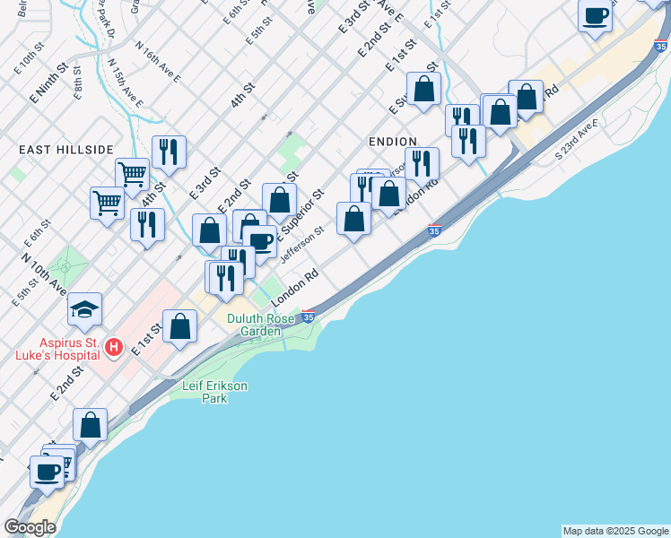 map of restaurants, bars, coffee shops, grocery stores, and more near 1500 London Road in Duluth