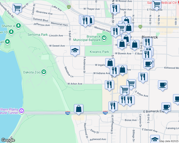 map of restaurants, bars, coffee shops, grocery stores, and more near 514 West Indiana Avenue in Bismarck