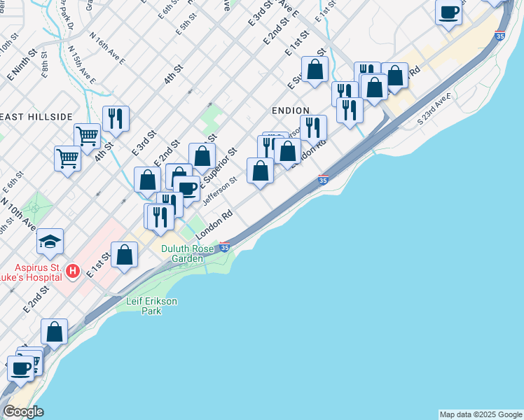 map of restaurants, bars, coffee shops, grocery stores, and more near 319 South 16th Avenue East in Duluth