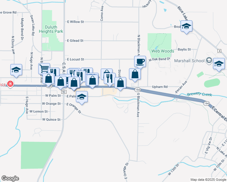 map of restaurants, bars, coffee shops, grocery stores, and more near 312 North Central Avenue in Duluth
