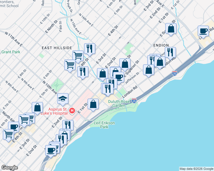 map of restaurants, bars, coffee shops, grocery stores, and more near 1301 East Superior Street in Duluth