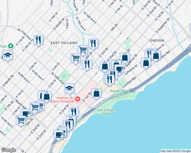 map of restaurants, bars, coffee shops, grocery stores, and more near 1212 East 2nd Street in Duluth