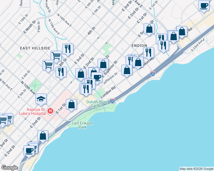 map of restaurants, bars, coffee shops, grocery stores, and more near 1420 Jefferson Street in Duluth