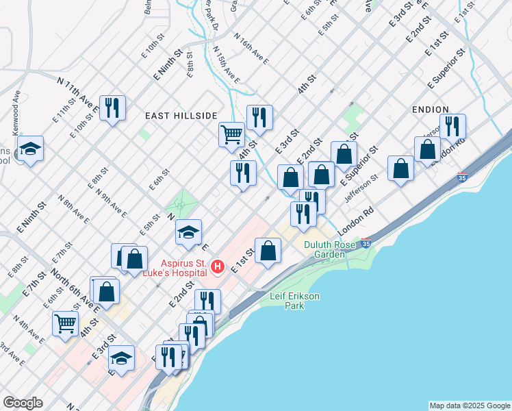 map of restaurants, bars, coffee shops, grocery stores, and more near 1212 East 2nd Street in Duluth