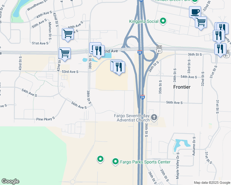map of restaurants, bars, coffee shops, grocery stores, and more near 3757 55th Avenue South in Fargo