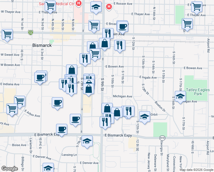 map of restaurants, bars, coffee shops, grocery stores, and more near 945 East Indiana Avenue in Bismarck