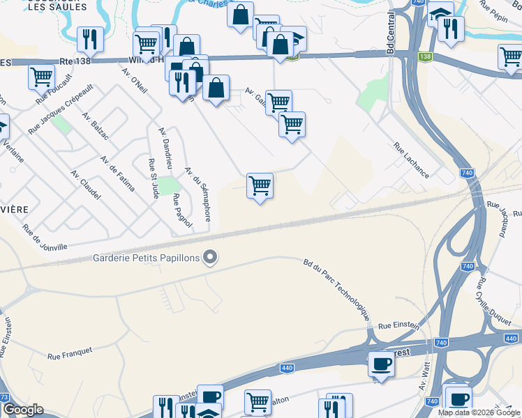map of restaurants, bars, coffee shops, grocery stores, and more near 501 Avenue Newton in Québec