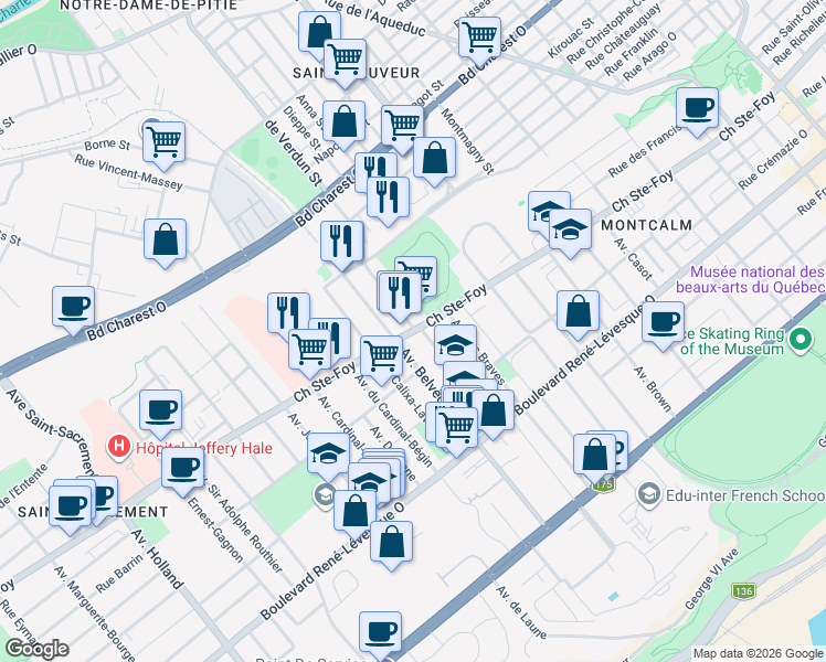 map of restaurants, bars, coffee shops, grocery stores, and more near 845 Chemin Sainte-Foy in Quebec