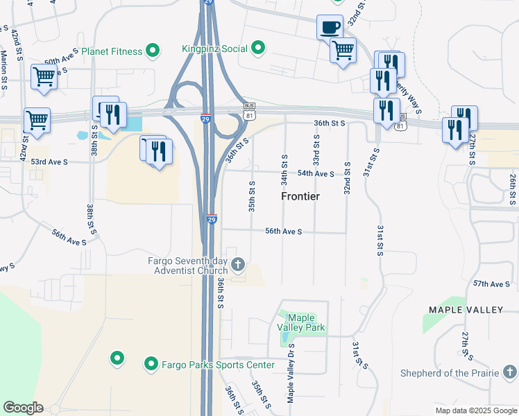 map of restaurants, bars, coffee shops, grocery stores, and more near 5502 35th Street South in Frontier