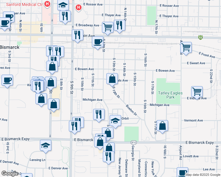 map of restaurants, bars, coffee shops, grocery stores, and more near 600 S 13th St in Bismarck