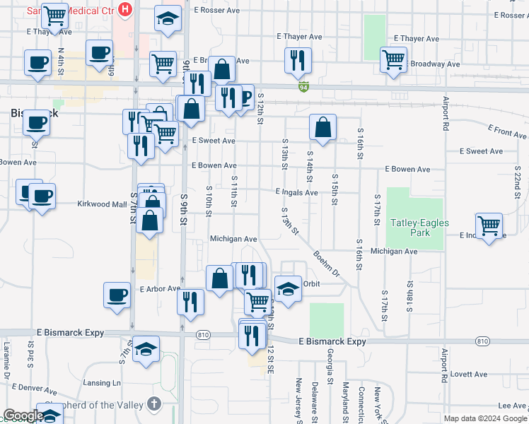 map of restaurants, bars, coffee shops, grocery stores, and more near 527 South 12th Street in Bismarck