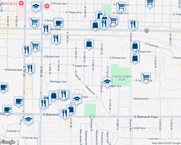 map of restaurants, bars, coffee shops, grocery stores, and more near 602 South 15th Street in Bismarck