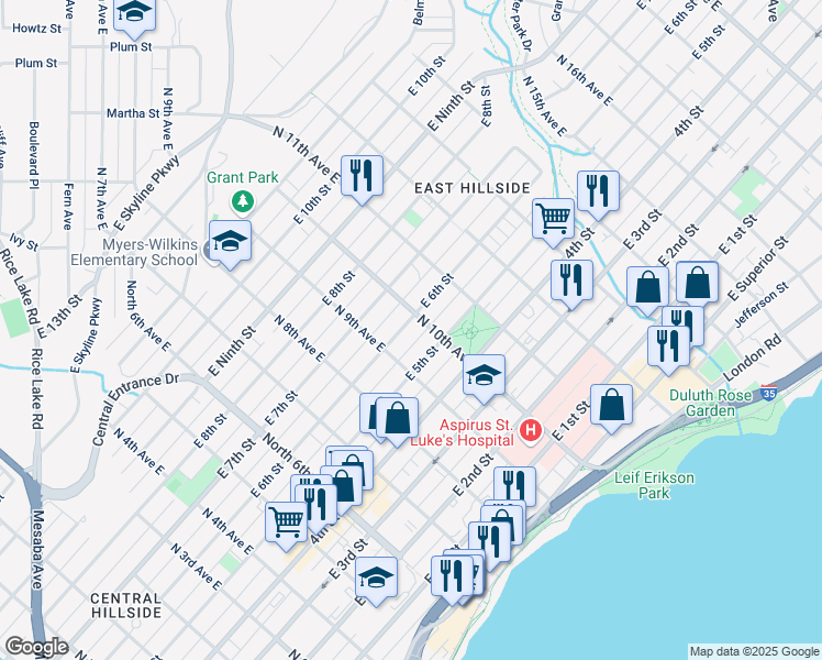 map of restaurants, bars, coffee shops, grocery stores, and more near 924 East 6th Street in Duluth