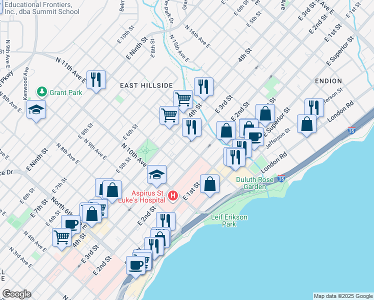 map of restaurants, bars, coffee shops, grocery stores, and more near 1126 East 3rd Street in Duluth