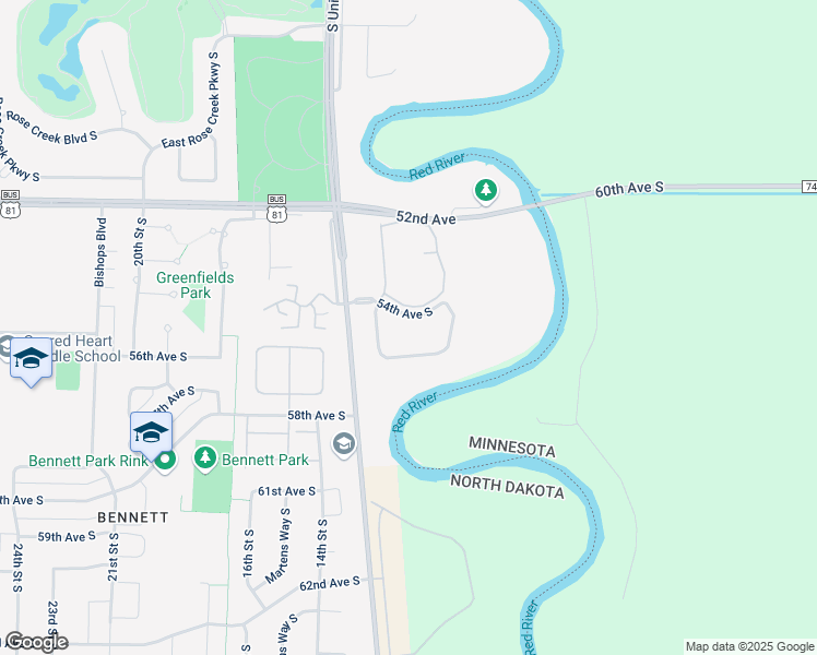 map of restaurants, bars, coffee shops, grocery stores, and more near 1112 54th Avenue South in Fargo