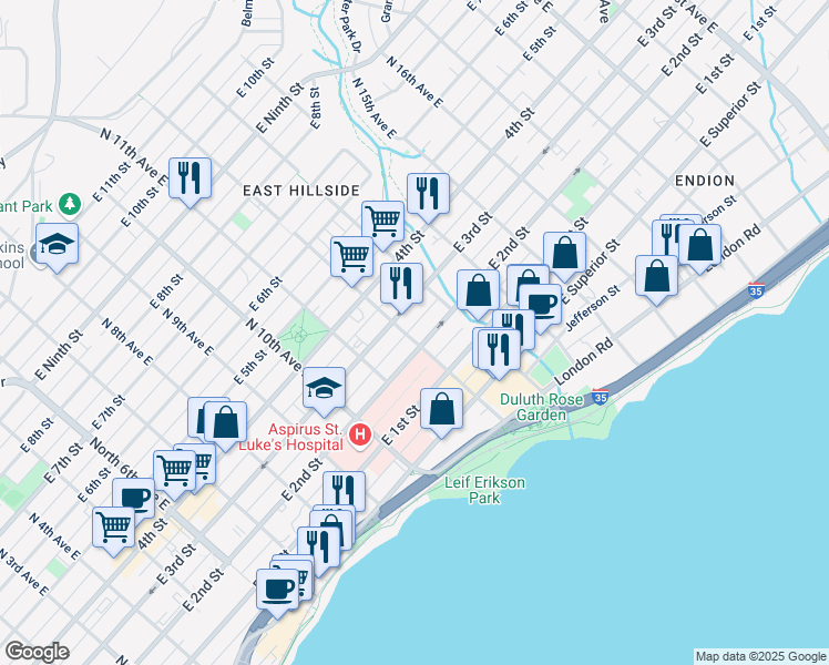 map of restaurants, bars, coffee shops, grocery stores, and more near 1212 East 2nd Street in Duluth