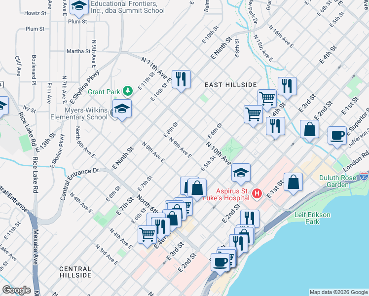 map of restaurants, bars, coffee shops, grocery stores, and more near 618 North 9th Avenue East in Duluth