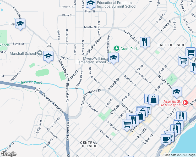 map of restaurants, bars, coffee shops, grocery stores, and more near 615 East 10th Street in Duluth