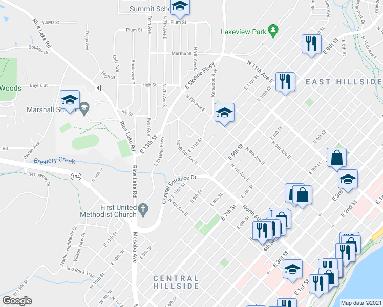 map of restaurants, bars, coffee shops, grocery stores, and more near 531 East 11th Street in Duluth