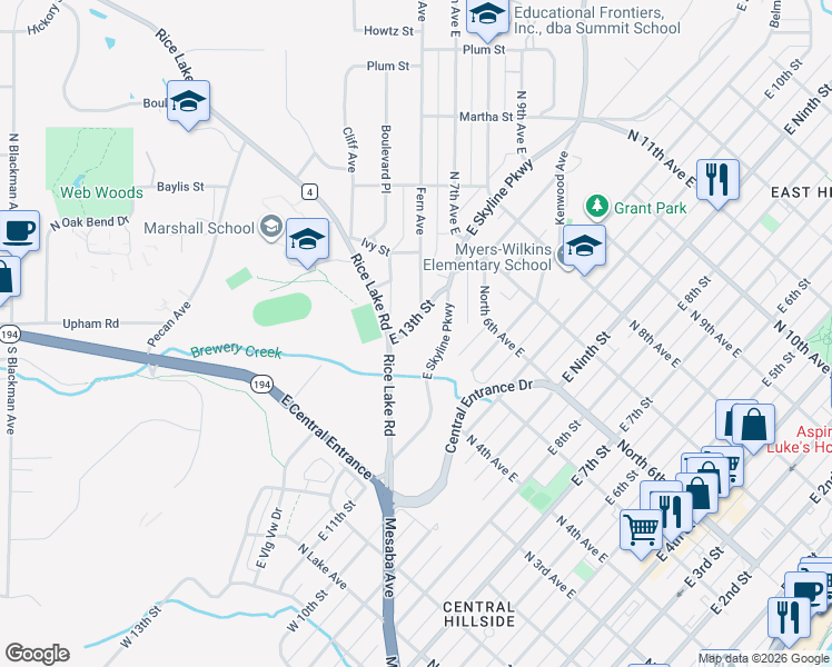map of restaurants, bars, coffee shops, grocery stores, and more near 430 East 13th Street in Duluth