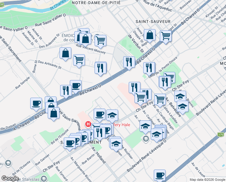 map of restaurants, bars, coffee shops, grocery stores, and more near 640 Avenue Joffre in Québec