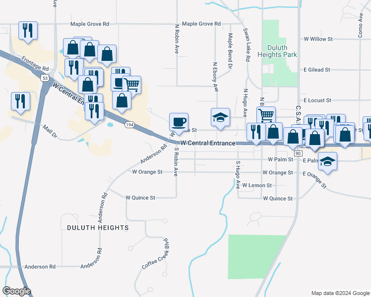 map of restaurants, bars, coffee shops, grocery stores, and more near 316 West Central Entrance in Duluth