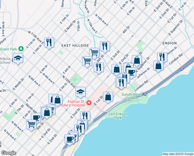 map of restaurants, bars, coffee shops, grocery stores, and more near 1132 East 3rd Street in Duluth