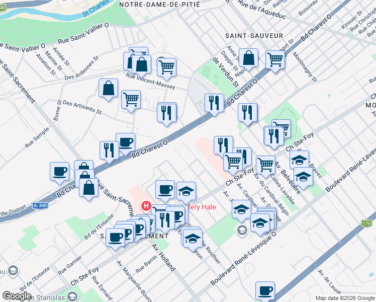 map of restaurants, bars, coffee shops, grocery stores, and more near 640 Avenue Joffre in Québec