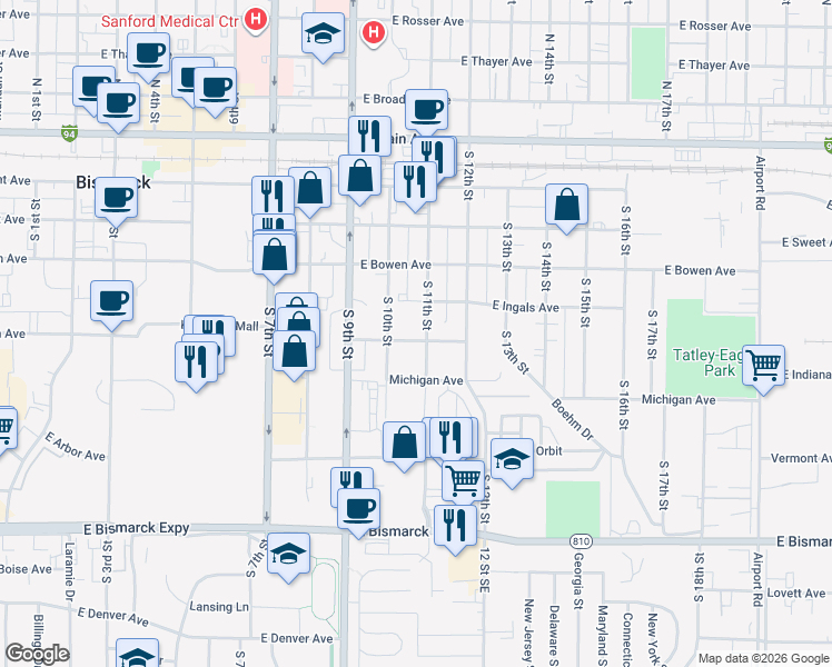 map of restaurants, bars, coffee shops, grocery stores, and more near 1020 East Indiana Avenue in Bismarck