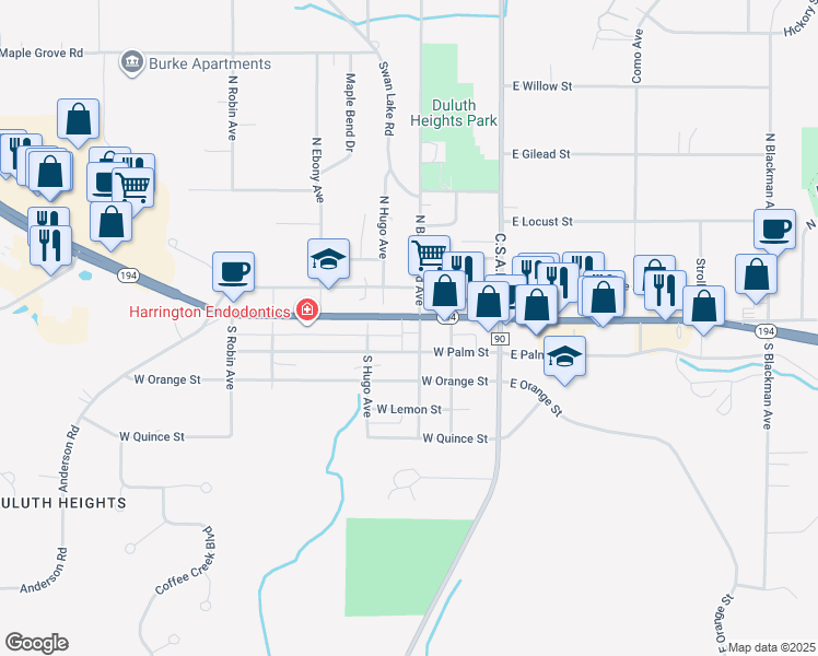 map of restaurants, bars, coffee shops, grocery stores, and more near 104 West Central Entrance in Duluth