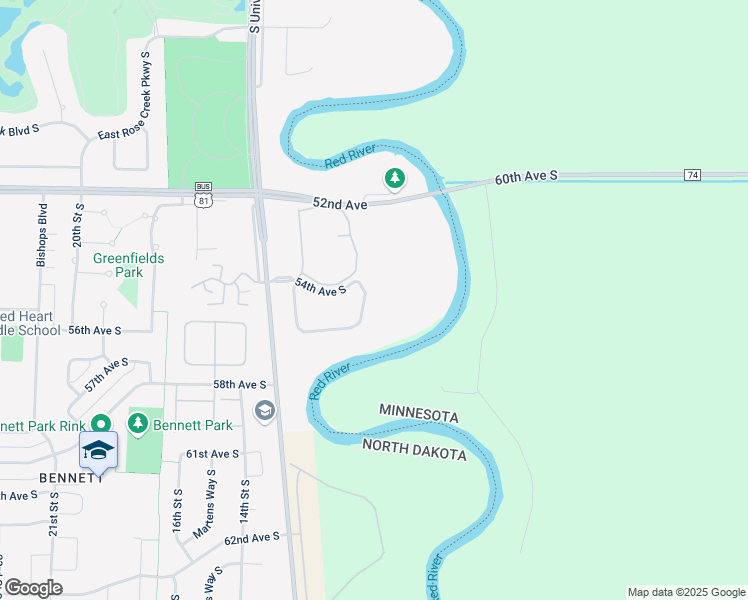 map of restaurants, bars, coffee shops, grocery stores, and more near 5418 11th Street South in Fargo