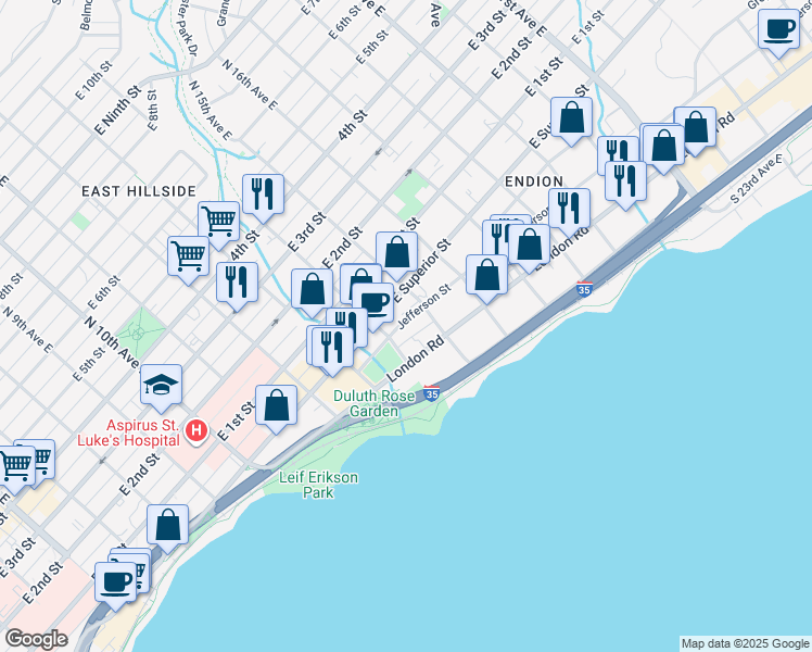 map of restaurants, bars, coffee shops, grocery stores, and more near 1420 Jefferson Street in Duluth