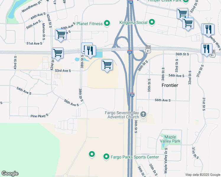 map of restaurants, bars, coffee shops, grocery stores, and more near 3757 55th Avenue South in Fargo