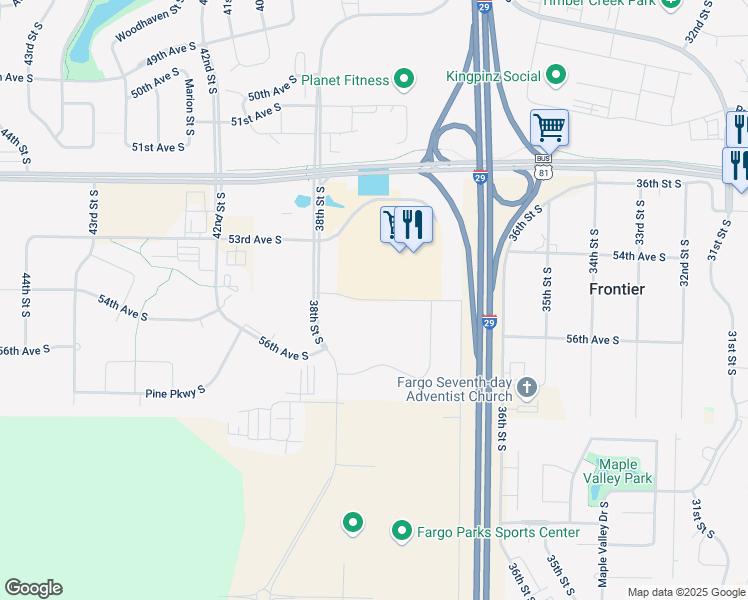 map of restaurants, bars, coffee shops, grocery stores, and more near 3757 55th Avenue South in Fargo