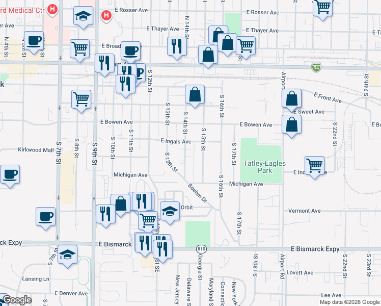 map of restaurants, bars, coffee shops, grocery stores, and more near 602 South 15th Street in Bismarck