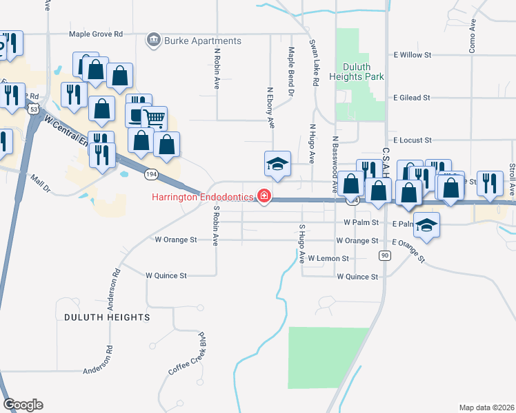 map of restaurants, bars, coffee shops, grocery stores, and more near 210 North Central Avenue in Duluth
