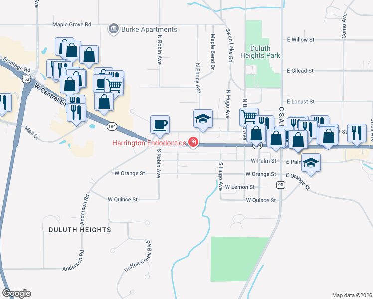 map of restaurants, bars, coffee shops, grocery stores, and more near 210 North Central Avenue in Duluth