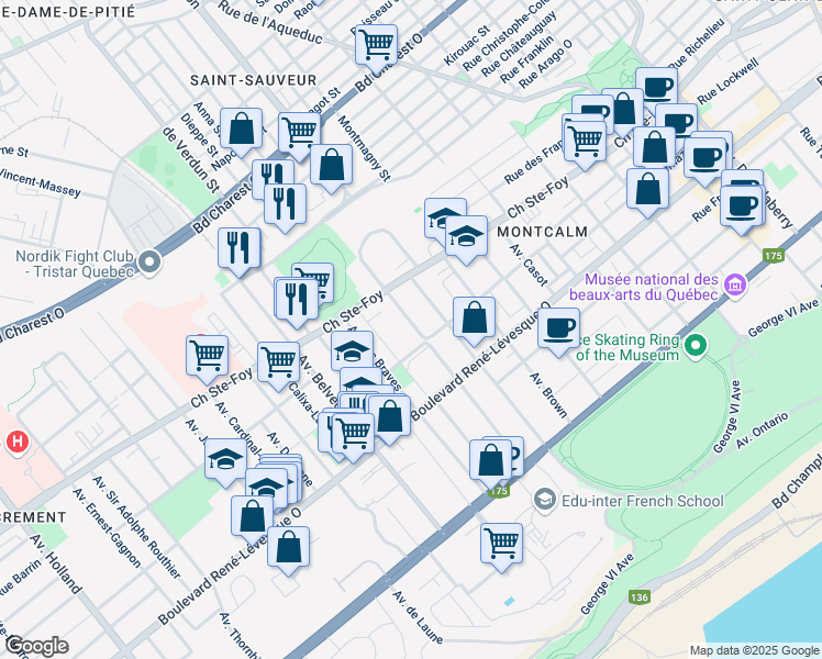 map of restaurants, bars, coffee shops, grocery stores, and more near 886 Avenue Murray in Ville de Québec