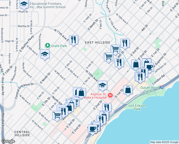 map of restaurants, bars, coffee shops, grocery stores, and more near 514 North 10th Avenue East in Duluth