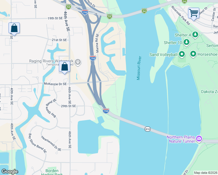 map of restaurants, bars, coffee shops, grocery stores, and more near 2711 Marina Road Southeast in Mandan