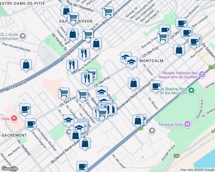 map of restaurants, bars, coffee shops, grocery stores, and more near 841 Avenue de Bienville in Québec