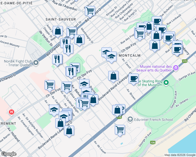 map of restaurants, bars, coffee shops, grocery stores, and more near 880 Avenue Murray in Ville de Québec