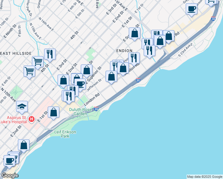 map of restaurants, bars, coffee shops, grocery stores, and more near 319 South 16th Avenue East in Duluth