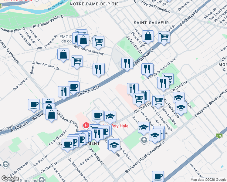 map of restaurants, bars, coffee shops, grocery stores, and more near 639 Avenue Joffre in Québec